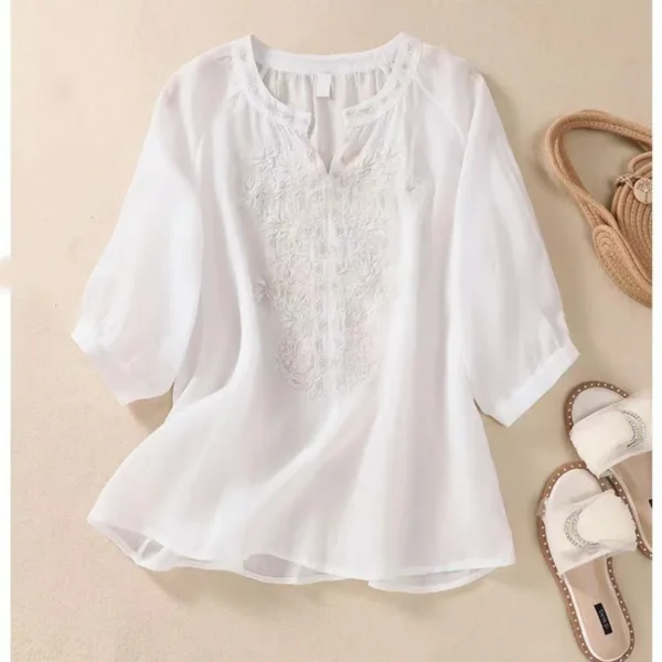 Women's 2024 Summer Solid Color New Retro Fashion Embroidery Cotton Linen Loose V-Neck Pullover 3/4 Sleeve Shirts T-shirts Tops 4