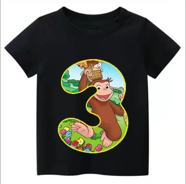 New Curious George Funny Monkey Print Cartoon Boys Clothes  2 3 4 5 6 7 8 9 Years Birthday Number Kids T shirt Tops 3