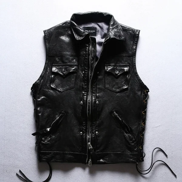 2024 Men Fashion Style New Motorcycle Punk Leather Coats Men's Sleeveless Jackets Locomotive Vest  Adjustable Black Vests 4