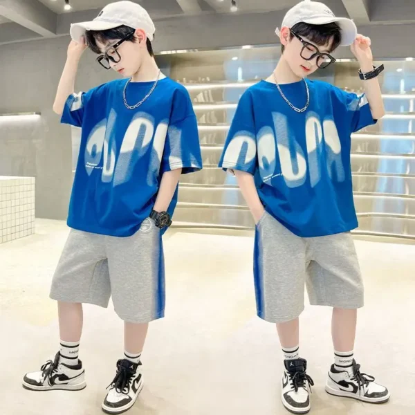 Boys Summer 2pcs Hiphop Style Leisure T-shirts+Pants Short Sleeved Suits 4-14 Years Teenage Korean Style Kids Streetwear Clothes 1