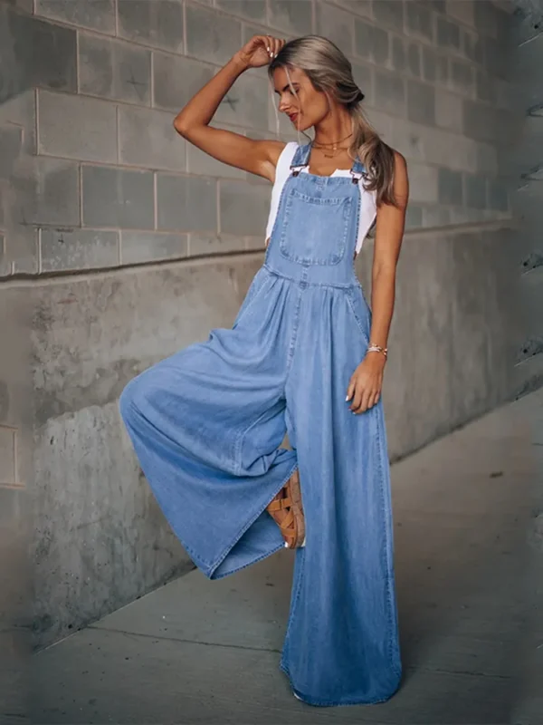 Summer Overalls For Women Blue Denim One-Piece Jumpsuits Loose Wide-Leg  With Pocket High-Waist Jumpsuits 1