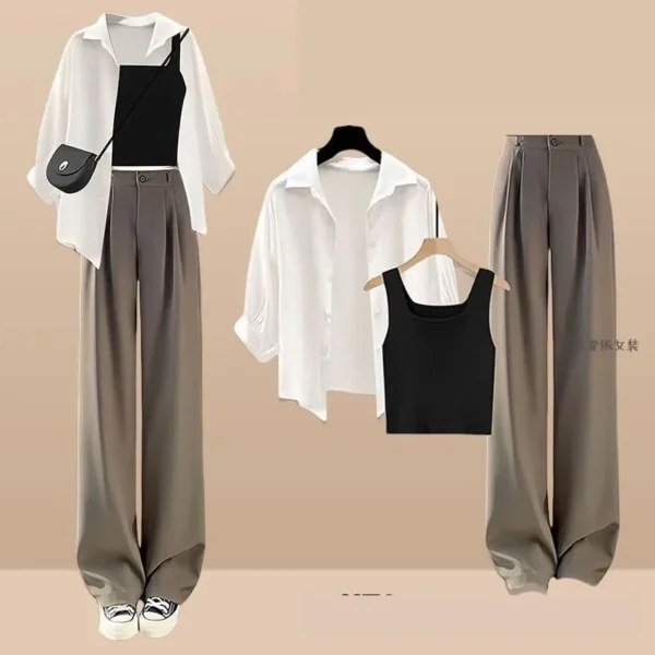 2024 Summer New Korean Casual Sunscreen Shirt+Vest+Suit Wide Leg Pants Three Piece Women's Fashion Blouse Trousers Matching Set 4