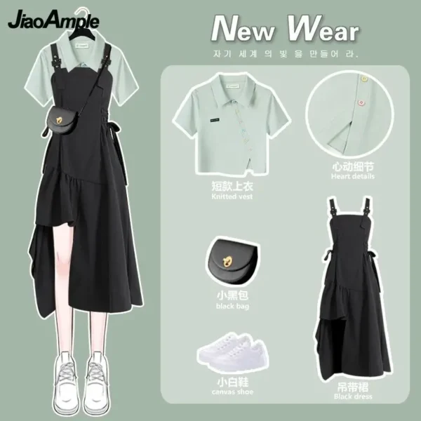 Women's Summer Dress Suit 2024 New Fashion Short Top+Irregular Strap Skirt Two Piece Korean Chic Short-sleeve Matching Set 2