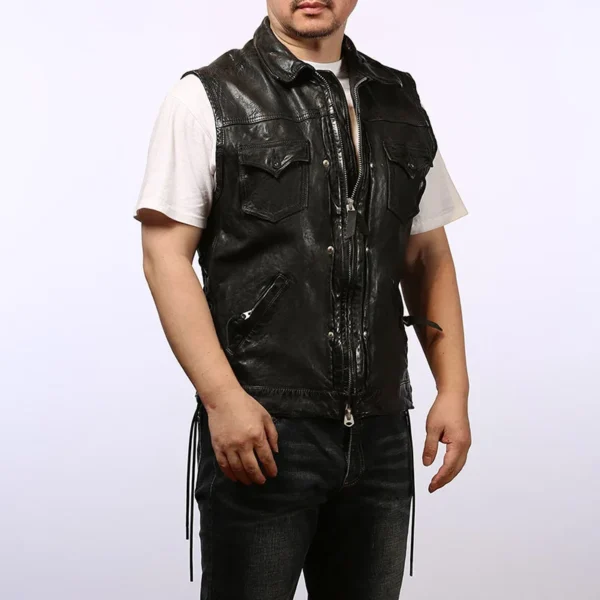 2024 Men Fashion Style New Motorcycle Punk Leather Coats Men's Sleeveless Jackets Locomotive Vest  Adjustable Black Vests 5