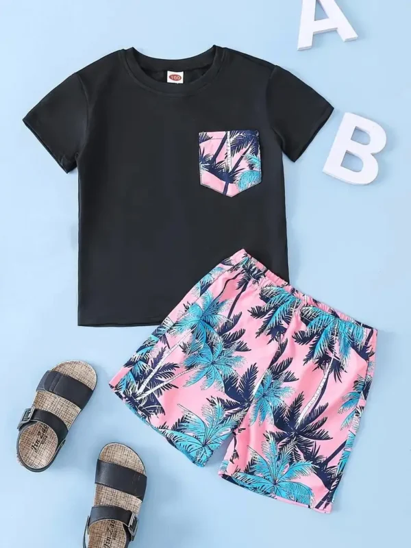 2pcs Boys T-Shirts Pocket Patchwork Short Sleeve Tees Top & Elastic Waist Coconut Tree Print Beach Shorts Set Kids Summer 1