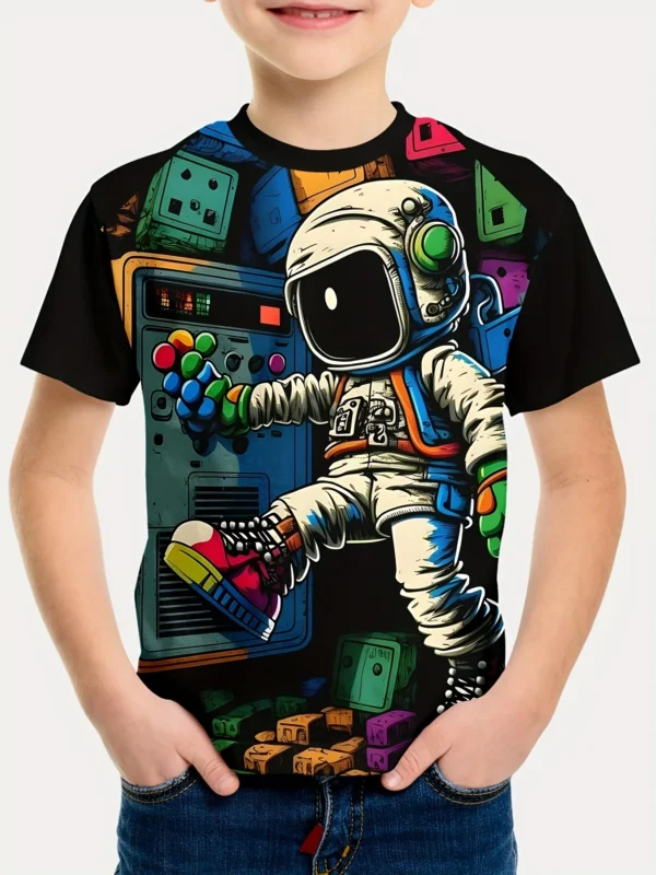 Cartoon Astronaut Print Boys Creative T-shirt, Casual Lightweight And Comfortable Short Sleeve Top, Summer Kids Outgoing Clothes 1