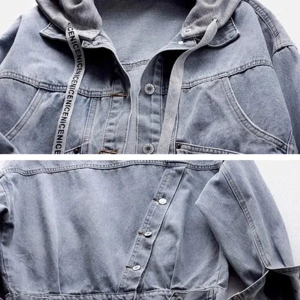 Blue Deconstructable Hooded Turn-down Collar Denim Jacket Women Loose Button Patchwork Outwear Jean Coat Female 6