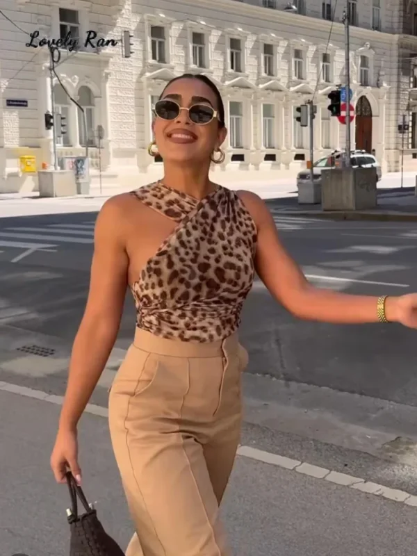 Sexy Leopard Print Pleated Woman's Playsuit Fashion Hollow Out Empire Female Bodysuit 2024 Spring Summer Elegant Lady Jumpsuit 6