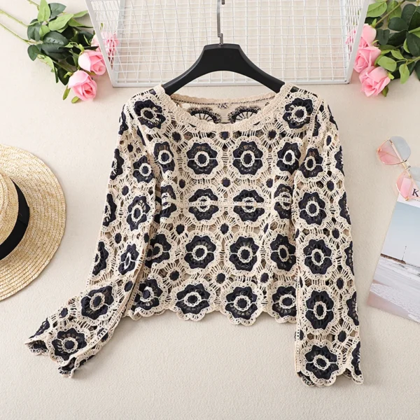 Crochet Cardigan for Women Retro Colorful Square Print Long Sleeve V-Neck Knit Sweater Button Hollow Out Jumper 3