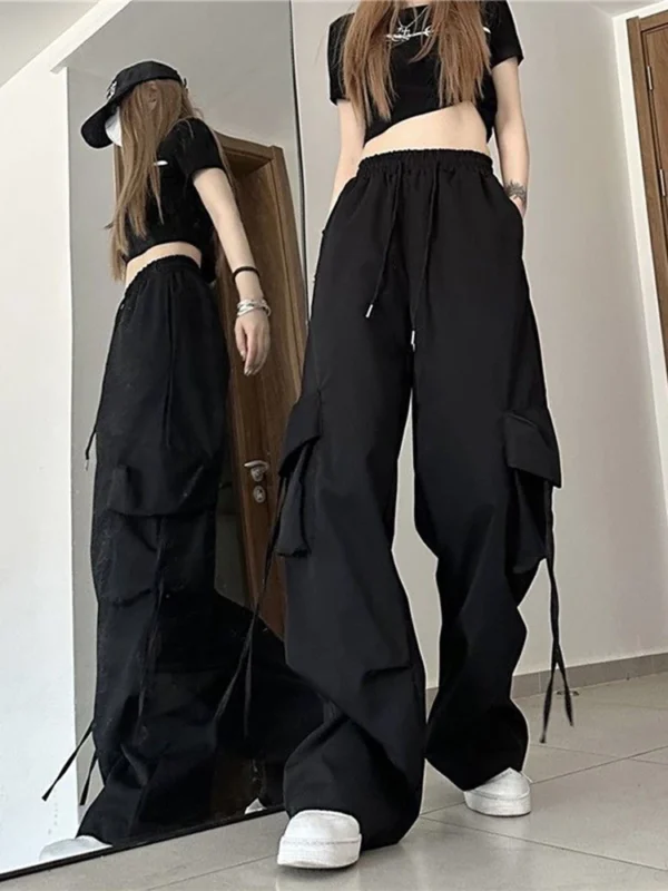 Zoki Harajuku Women Cargo Pants Streetwear Y2K Hip Hop Black Trousers Fashion High Waist Lace Up Female Loose Design Pants New 2