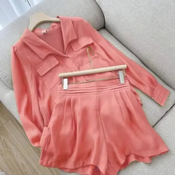 Spring Shirt Two Piece Set For Women Summer Shorts 2 Piece Sets Suits Solid Color Long Sleeve Shirt Short Casual Outfits Female 4