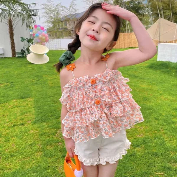 Children's Clothing Sets Floral Print Suspenders Tops + Lace Shorts 2Pcs  Kids Clothes for Girls 3 To 7 Years Boutique Clothes 3