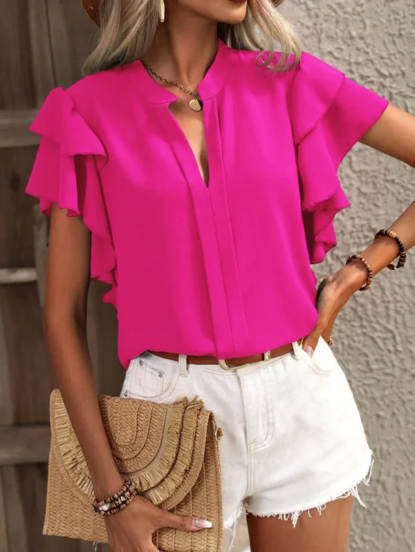 2024 Women's Summer New V-neck Casual Double Layer Ruffle Sleeve Solid Color Shirt Chiffon Office Lady Y2k   AXR289 1