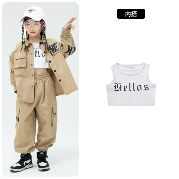 Kid Kpop Hip Hop Clothing Khaki Shirt Jacket Casual Streetwear Cargo Jogger Pants for Girl Boy Jazz Dance Costume Clothes Set 5