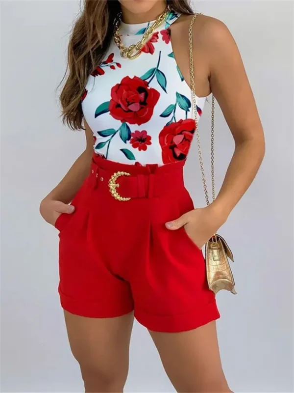 Women Fashion Summer Two Piece Set Sleeveless Floral Vest Shirts + Short Pants Female Elegant Y2K 2Pcs Set Streetwear 3