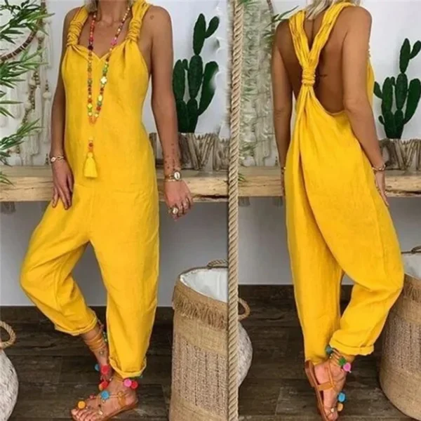 2024 Summer Sexy Solid Women Jumpsuit Playsuit Casual OverallsBib Overall Sleeveless Backless Knotted Jumpsuit Dungarees 2