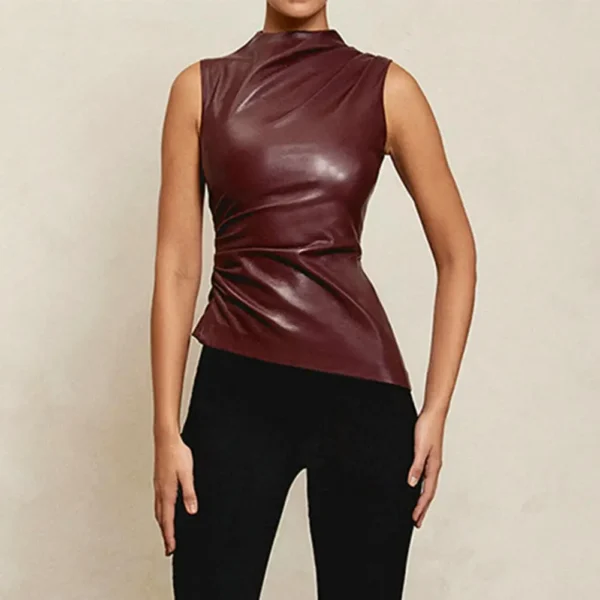 Slim Fit Sleeveless Top Solid Color Slim Fit Top Stylish Women's Faux Leather Motorcycle Vest with Piled Collar for Fashionable 4