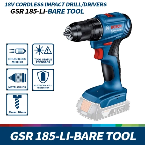 BOSCH GSR 185-LI Cordless Drill Driver Bare Tool Electric Screwdriver 18V Professional Brushless Power Tool Bosch GSR185-LI 1