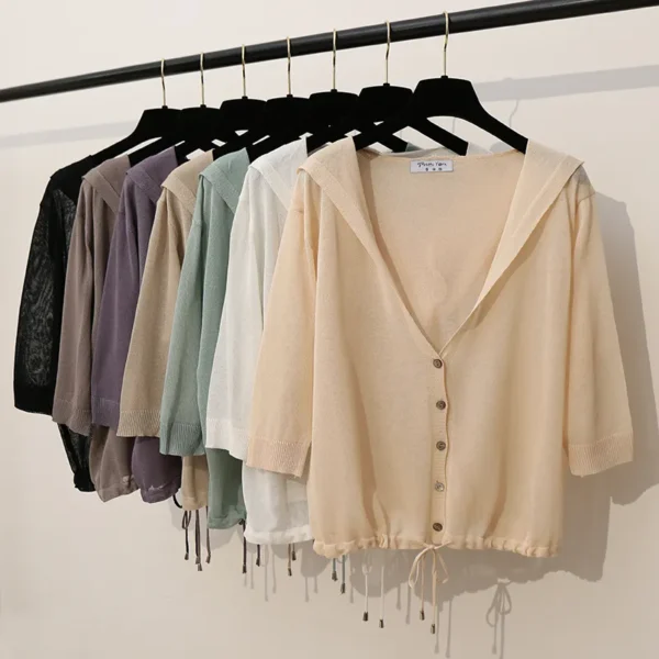 Hooded Thin Sweater Cardigan Women Silk Linen Spring  Summer Lace Up V-neck Short Design Loose Cape Cardigans Outerwear Female 1