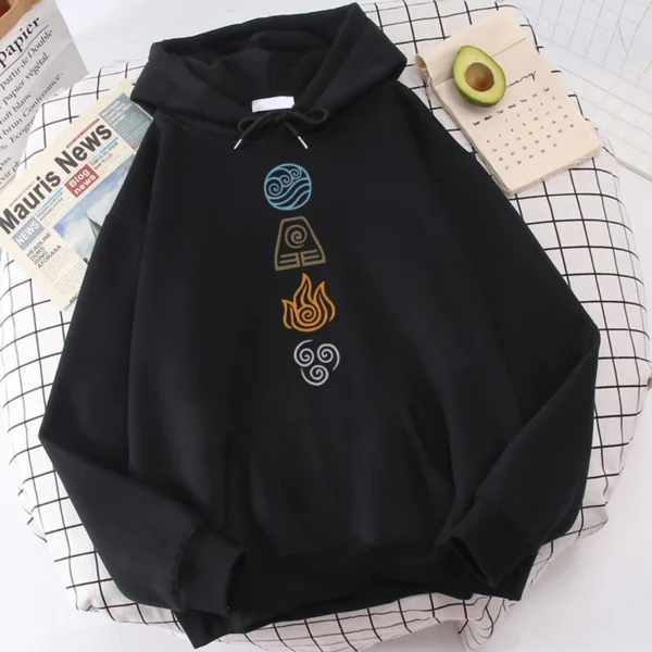 Avatar The Last Airbender Hoodie Water Air Fire Earth Four Elements Print Black Anime Oversized Sweatshirts Harajuku Unisex Male 1