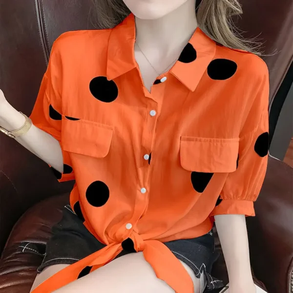 Fashion Lapel Loose Bandage Bow Polka Dot Shirt Women's Clothing 2023 Summer New Oversized Casual Tops Half Sleeve Korean Blouse 3