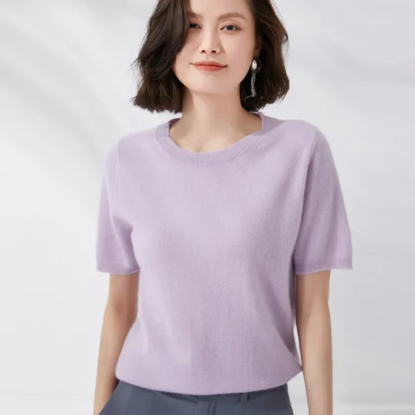 Spring and Summer New Short-sleeved Women O-neck Slim Wool Cotton Blend Pullover Vest T-shirt Knitted Base Sweater 5