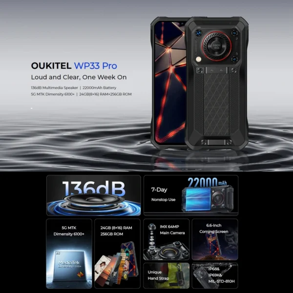 Oukitel WP33 Pro Rugged Smartphone 8GB+256GB IP68/IP69K 22000mAh 6.6" FHD+ 33W MediaTek Dimensity 6100+ 64MP Camera NFC 5G 2