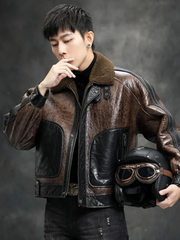 Natural Sheepskin Men's Motorcycle Short Genuine Leather Jacket Men Shearling Winter Brown Real Oil Waxed Sheep Leather Fur Coat 3