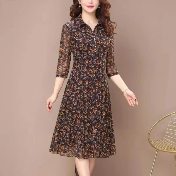 Long Sleeve Dress Women Floral Print Elegant Turndown Collar Summer Female Clothing Slim All-match Casual Button Midi Dress Robe 1