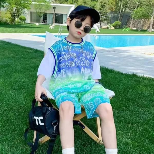 Boys Summer 2024New Cotton Fashion Sports Suits Astronaut Rabbit Print Shorts Sleeve Sets 5-14Years Boys Streetwear Outfits Set 5