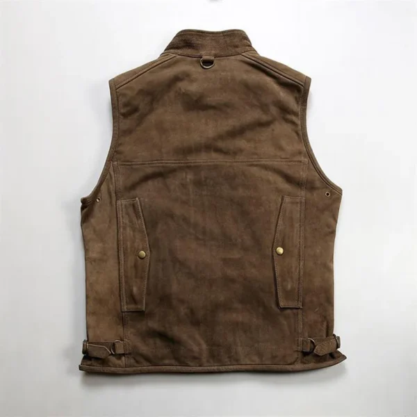 2024 New Style Hunting Suit Real Leather Vests Men's Stand Collar Moto Multi Pocket Thick Cowhide Sleeveless Jackets Waistcoat 2