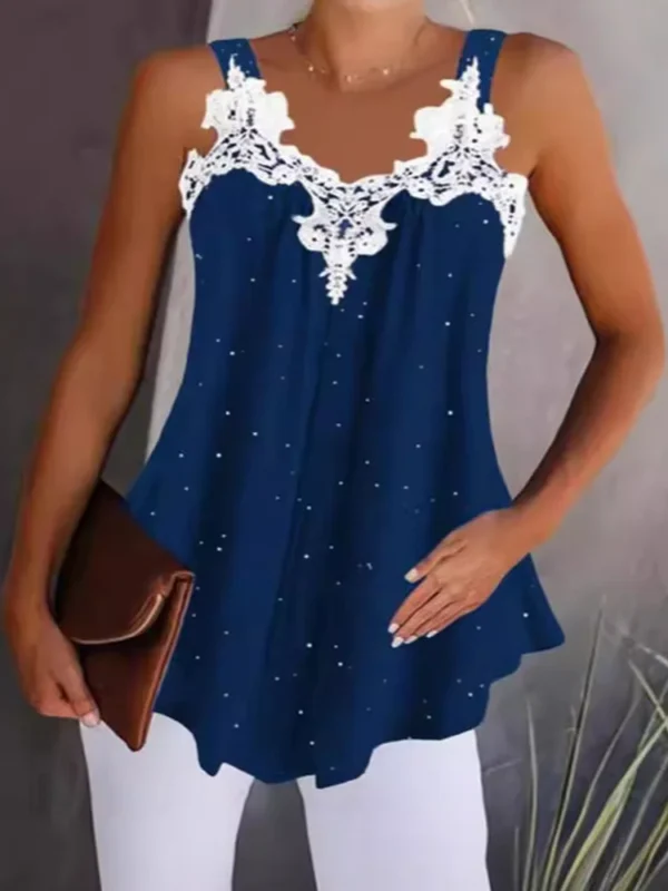 Luxurious Camisole Women V-Neck Sleeveless Lace Patchwork Solid Color Vest Summer Party Tank Tops 2