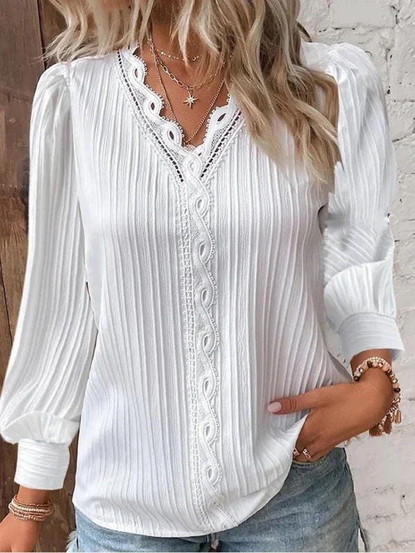 Elegant Hollow Lace Patchwork Women Shirt Chic Long Sleeved V-neck Design Fashion Shirt Plain Lace Casual Basic Regular Tops 1