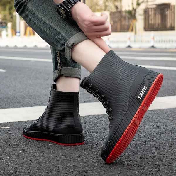 Fashion Men's Rain Boots Rubber Gumboots Slip on Mid-calf Waterproof Working Boots Comfort Red Non-slip Fishing Shoes for Men 2