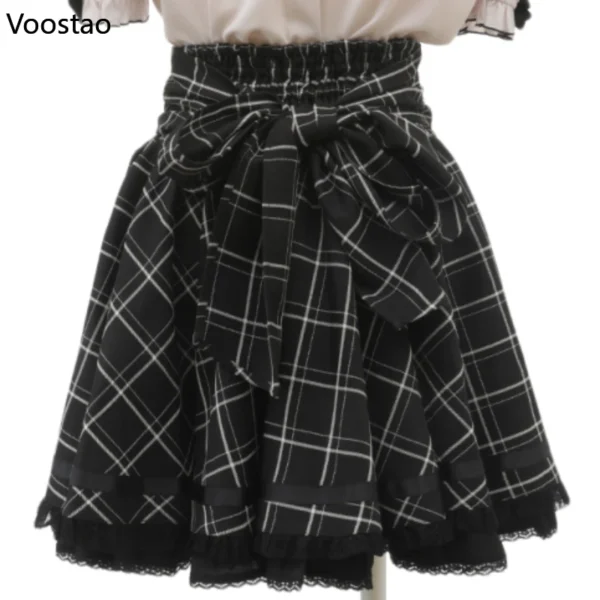 Gothic Lolita Ribbon Double Bow High Waist Skirt Women Sweet Pearl Buckle Lace Pleated Skirt Japanese Cute A-Line Mini Skirts 6