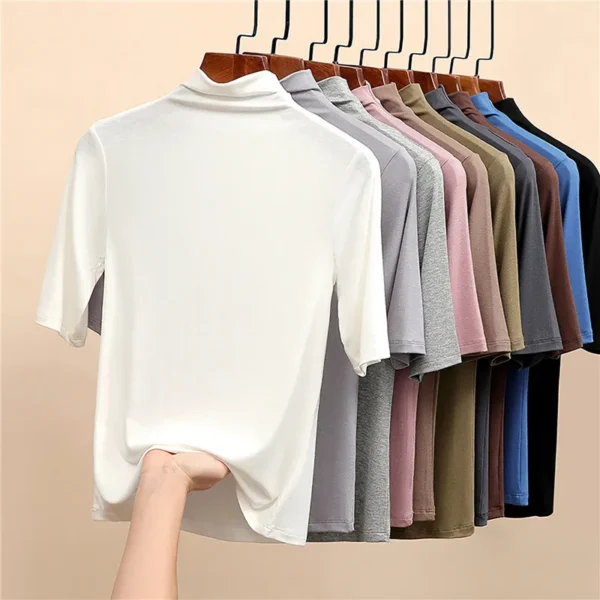 Women Turtleneck Pullover Slim Fit Short Sleeve T-Shirts Casual Solid Semi-High Collar Bottomed Shirt Female Basic Cropped Tops 4