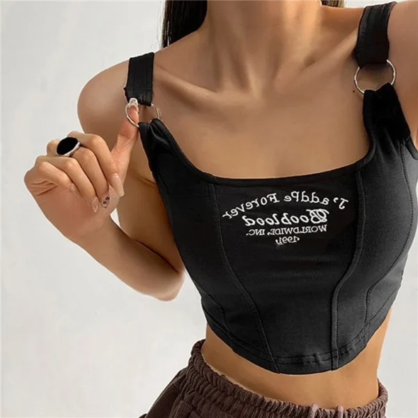 Women Embroid Letter Tank Tops With Bra Pad Casual Camis Y2K Crop Tops For Women Shoulder Belt Iron Ring Tank Tops 2