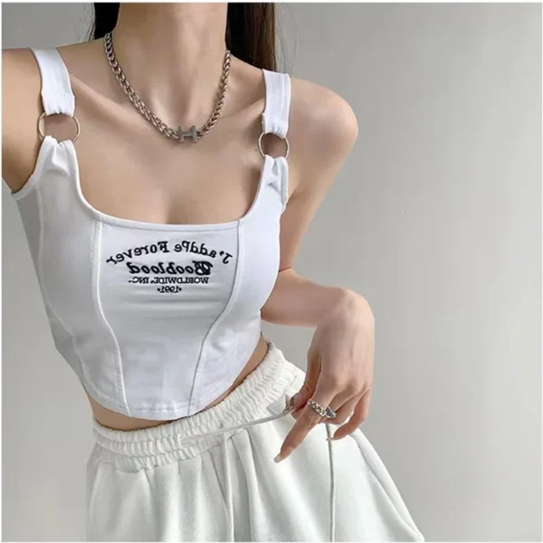 Women Embroid Letter Tank Tops With Bra Pad Casual Camis Y2K Crop Tops For Women Shoulder Belt Iron Ring Tank Tops 4