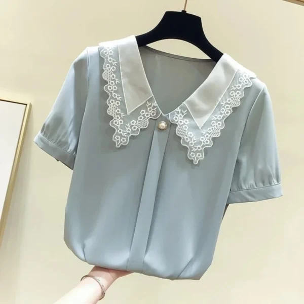 Women Spring Summer Style Blouses Shirts Lady Casual Short Sleeve Peter Pan Collar Blusas Tops 1