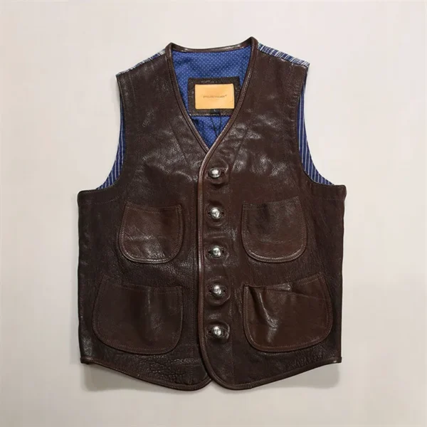 2024 New Spring Autumn Blue Dyed Clothing Genuine Leather Waistcoat Bikers Motorcycle Vest Male Sheepskin Sleeveless Coats 2