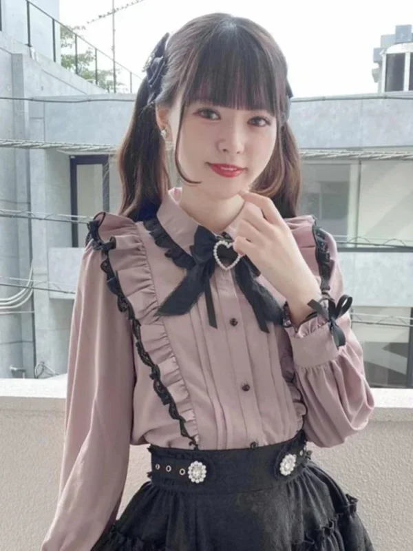 Japanese Kawaii Lace Ruffle Shirt Women Y2k Pink Bow Blouse Harajuku Cute Ladies Tops 2024 New Fashion Lolita Blusas Femme 2