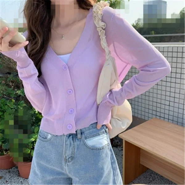 Korean Cardigan Women Thin Summer Casual Solid Feminino Sun-proof All-match Knitted V-neck Sweet Style Candy Color Basic Daily 3