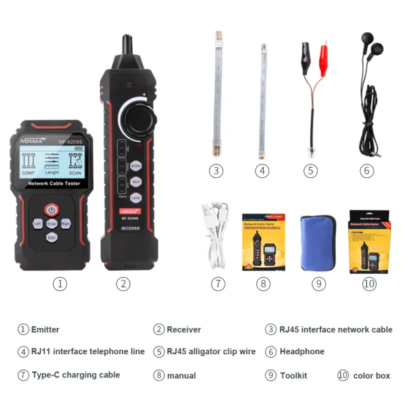 NOYAFA NF-8209S Network Cable Tracker Lan Measure Tester Network Tools LCD Display Measure Length Wiremap Tester Cable Tracker 6