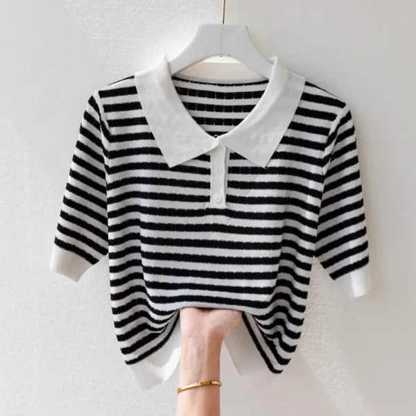 Fashion Women Short Sleeve Striped Knitted Polo Shirts Spring Summer All-match Tees Female Clothing New Pullover Bottoming Tops 6