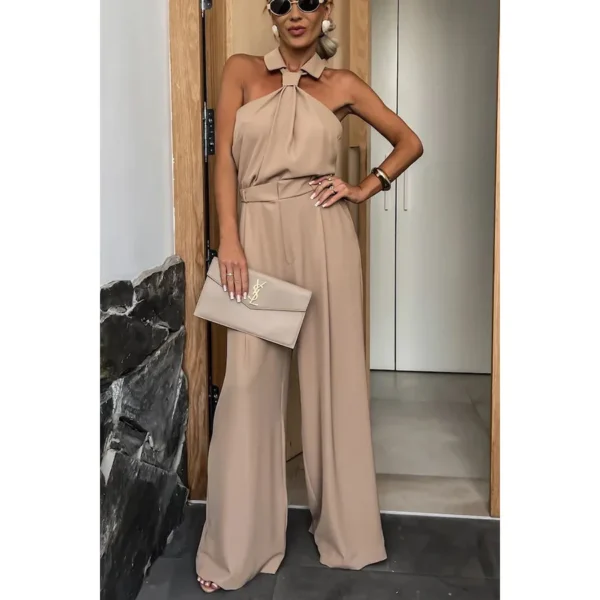 Women Elegant Waist Halter Jumpsuit Casual Tie Sleeveless Wide Leg Long Pant Summer Clothes 5