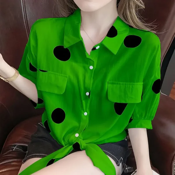 Fashion Lapel Loose Bandage Bow Polka Dot Shirt Women's Clothing 2023 Summer New Oversized Casual Tops Half Sleeve Korean Blouse 4