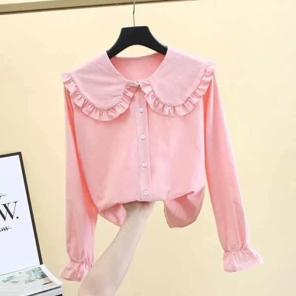 2024 Spring Summer Women's Fashion Vintage Peter Pan Collar Solid Slim Shirts Long Sleeve Casual Cotton Basic Blouse Female Tops 4