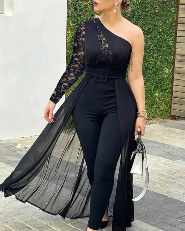 2024 Summer Women's Sexy Round Neck Rhinestone Sheer Mesh Sleeveless Jumpsuit with Belt New Fashion Rompers Womens Jumpsuit 5