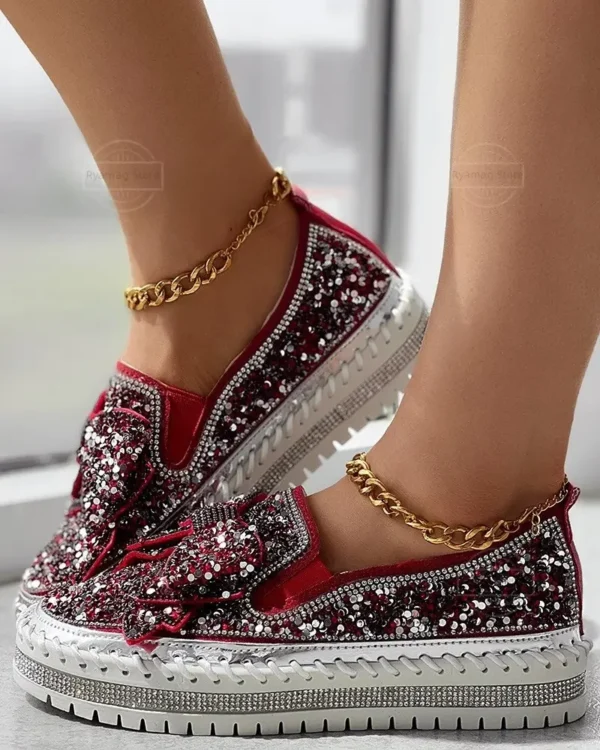 Loafers Women's Bowknot Design Platform Sequin Loafers Flats Women Flat Platform Wine Red Shoes Crystal Sequined Bow Shoes 4