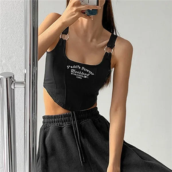 Women Embroid Letter Tank Tops With Bra Pad Casual Camis Y2K Crop Tops For Women Shoulder Belt Iron Ring Tank Tops 6